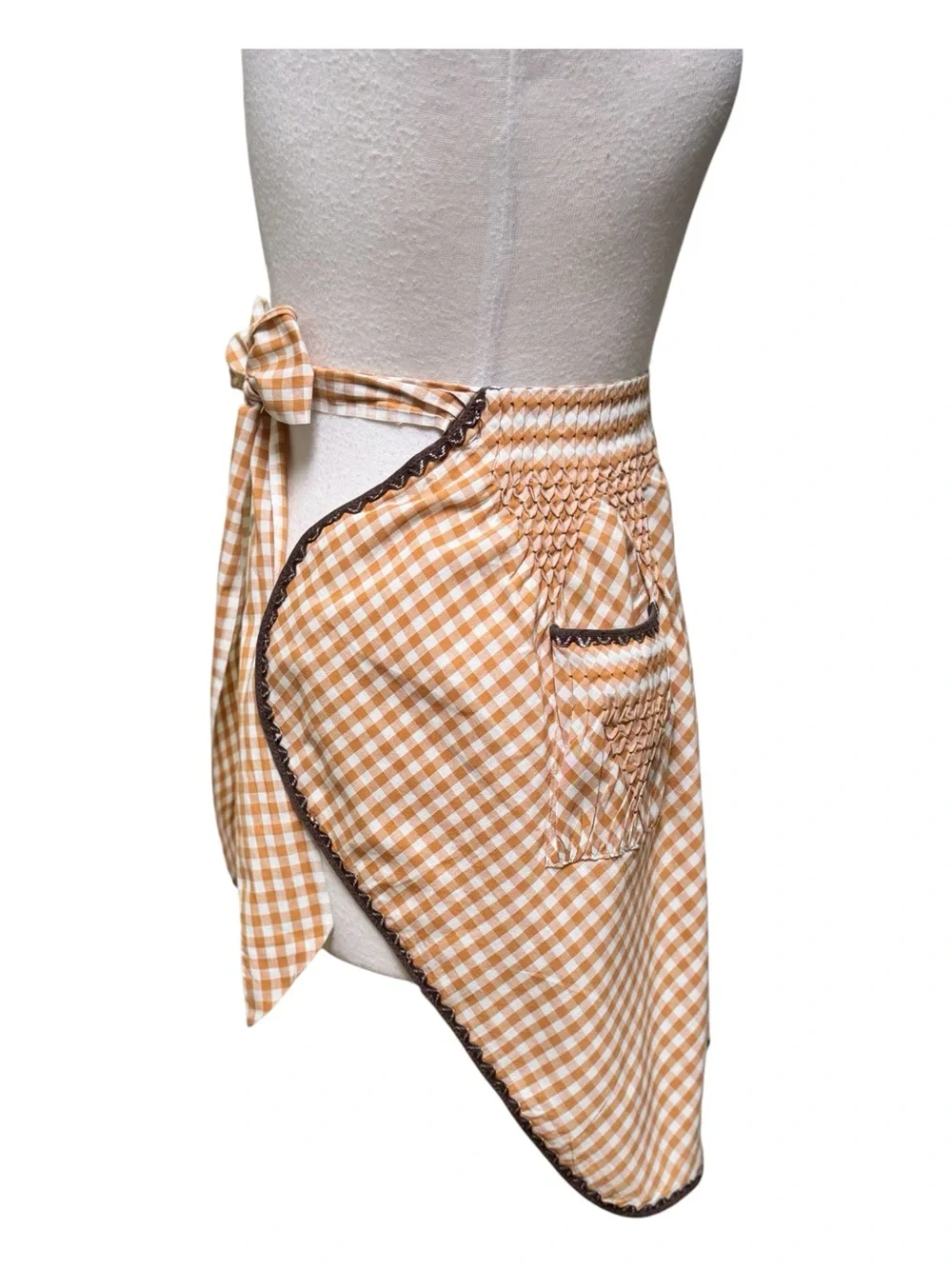 Vintage Gingham Tie-Waist Smocked Apron in Mustard and Brown trim